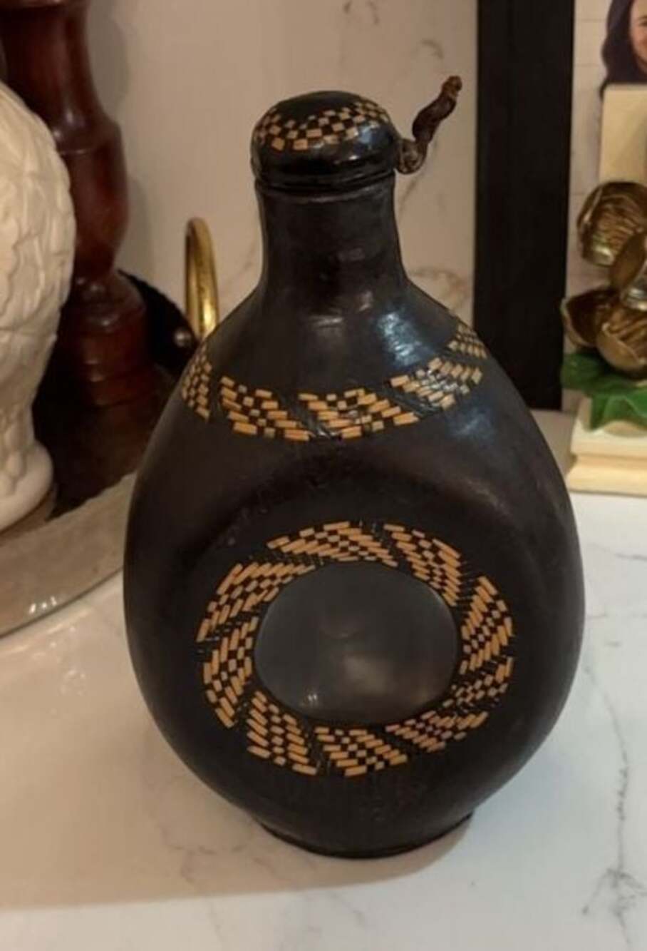 Vintage Hand-Carved Leather‎ Wrapped Glass Decanter with Woven Detail